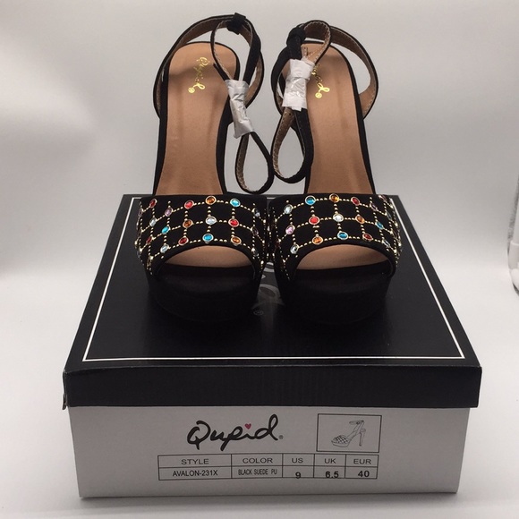 Qupid Ladies Platform Black Suede 5” Heels Pumps Open Toe Rhinestones Size 9 - Picture 2 of 14